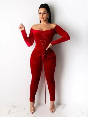 Red Velvet Off-Shoulder Lace-Up Jumpsuit